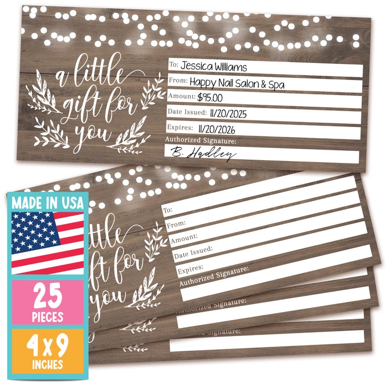 Hadley Designs 25 Blank Gift Certificates for Business â€“ 4x9 Christmas Gift Certificates Cards for Small Business, Spa, Massage, Nail & Hair Salon, Restaurant, Holidays Coupon Vouchers Made in USA - Image 1